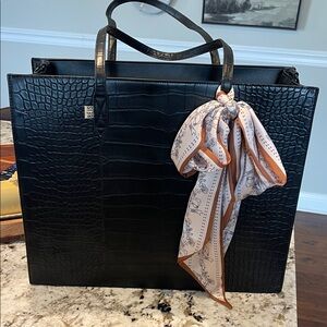 BEIS Black Crocodile-Embossed Tote with Scarf LARGE WORK TOTE Scarf included
